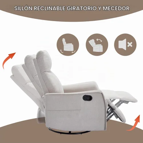 Vista 5 de Silla reclinable giratoria, sillón giratorio para sala de estar, silla reclinable deslizante con calor y masaje, color beige