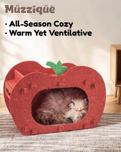 Vista 2 de Cama tipo cueva para gatos de interior, casa escondida de manzana roja para Rojo