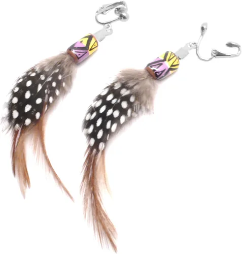 Vista 2 de Natural Feather Ethnic Fusion Earrings Peruvian Ceramic Yellow Lilac Black