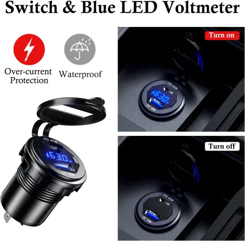 Vista 3 de PD - Cargador rápido USB C de 45 W de 18 W, enchufe de cargador USB 3.0 impermeable con interruptor, voltímetro LED y fusible de cable, kit
