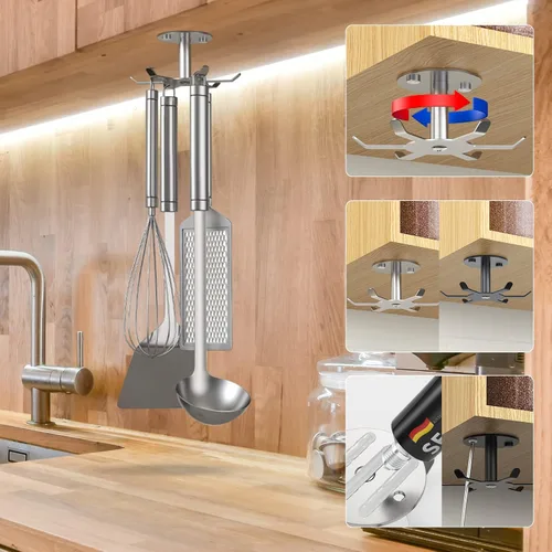 Vista 2 de 2 ganchos giratorios para debajo del gabinete, soporte giratorio para utensilios de cocina de acero inoxidable 304, estante colgante para utensilios