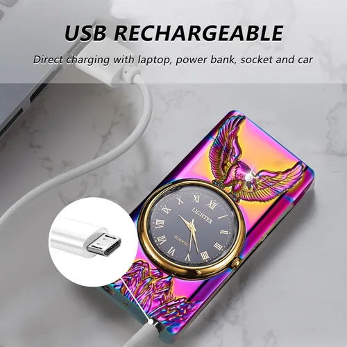 Vista 3 de BABOBIU Encendedor eléctrico recargable a prueba de viento USB con esfera de reloj y diseño de águila sin llama para camping, oficina en casa