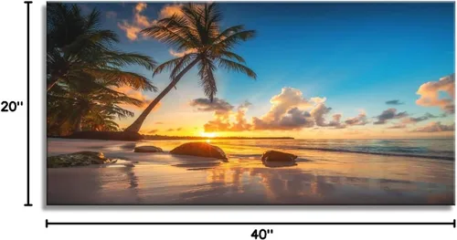 Vista 8 de Aibonnly - Pintura en lienzo de arte de pared, atardecer en una playa tropical con palmeras, 1 pieza, cielo azul, océano, vista al mar, póster