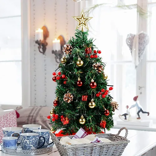 Vista 5 de Blissun Mini árbol de Navidad de 2 pies, pinos artificiales de Navidad, árbol de Navidad de mesa, mini pino de Navidad con luces LED, estrella