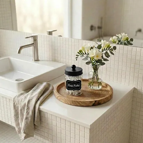 Vista 6 de Amolliar Apothecary Tarros organizador de tocador de baño, tarro de encimera con tapa de almacenamiento, soporte dispensador de vidrio para Qtips