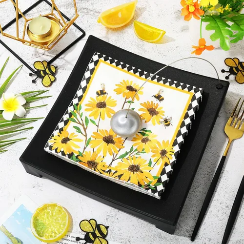 Vista 3 de JarThenaAMCS 80 servilletas de almuerzo con girasol, abejas florales, desechables, servilletas de papel decorativas a cuadros de diamantes