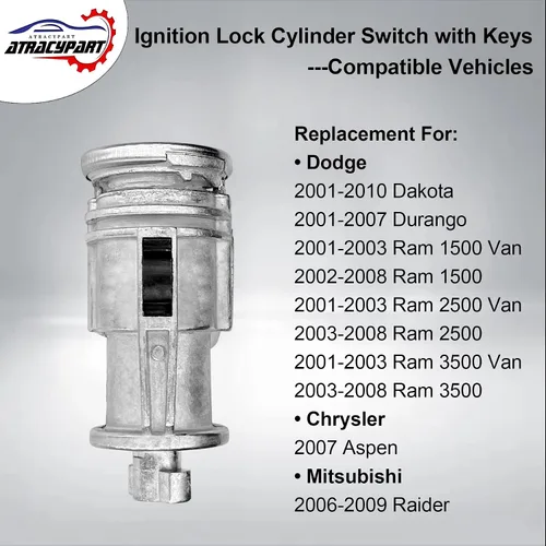 Vista 2 de Interruptor de cilindro de bloqueo de encendido con llaves Reemplazo para Dodge Ram 1500/2500/3500, Durango, Dakota, Chrysler Aspen y Mitsubishi