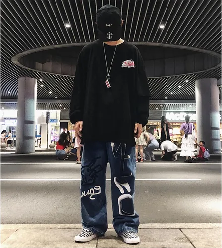 Vista 3 de Y2K Jeans - Pantalones de mezclilla para hombre, estilo hip hop, vintage, grafiti, dibujos animados, anime, pantalones de mezclilla góticos, rectos