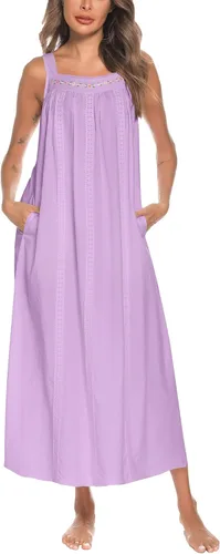 Vista 44 de YOZLY Camisones de algodón para mujer con bordado, sin mangas, con bolsillos S-XXXL