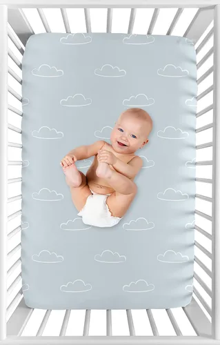 Vista 3 de Sweet Jojo Designs Blue Clouds - Sábana bajera para cuna portátil para cuna o paquete y juego, pizarra y cielo de nube blanca para aviador vintage