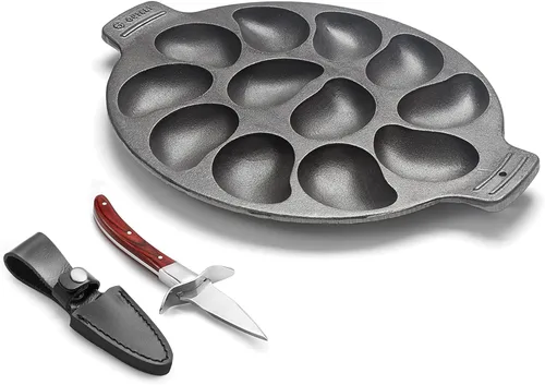 Vista 9 de Outset 76225 - Sartén de hierro fundido para ostras, 12 cavidades, color negro Grill & Serve Oysters In One Pan 12 Capacity Oyster Tray & Plate