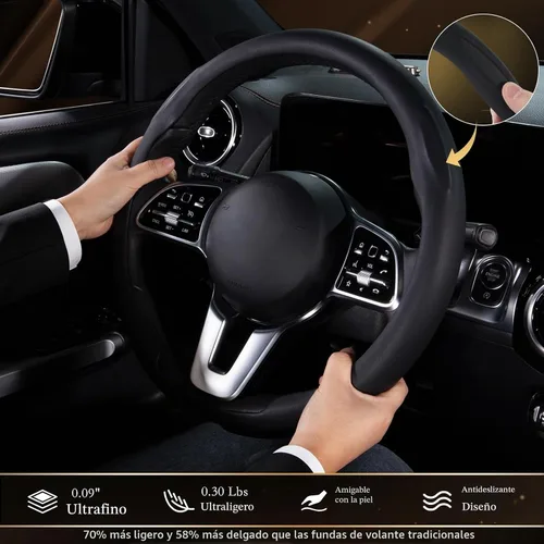 Vista 4 de Funda de cuero de napa para volante, ajuste rápido para ruedas de 14.5 a Negro