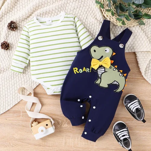 Vista 2 de TOKIAGO Conjunto de ropa de bebé para recién nacido, para otoño e invierno, a rayas, mameluco de dibujos animados, conjunto de pantalones