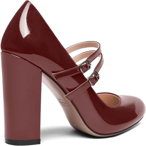 Vista 5 de SHOWFOREST Zapatos de tacón alto con correa ajustable y puntera redonda para mujer, de 4 pulgadas