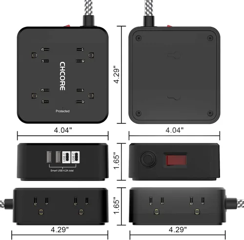 Vista 7 de Protector de Sobretensiones Tira de Alimentación - CHCORE Cable de Extensión Trenzado de 5 Pies con 8 Tomas con 4 Puertos USB (2 USB C) Estación