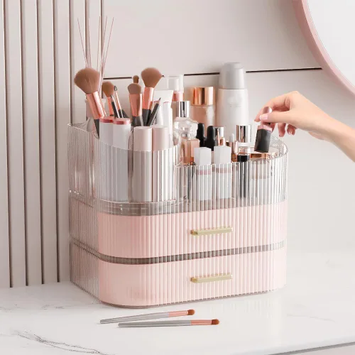 Vista 12 de Organizador de maquillaje giratorio de 360° con cajón, exhibición de almacenamiento de cosméticos de acrílico transparente, contador de belleza