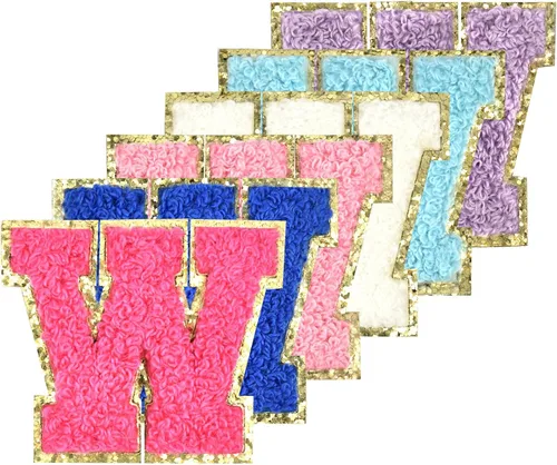 Vista 29 de 6 piezas de parches de letras de chenilla autoadhesivas con purpurina para planchar, parches de letras universitarias estilo preppy, letras difusas
