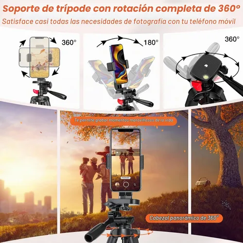 Vista 6 de Trípode para teléfono de 65", trípode para iPhone y cámara con control remoto inalámbrico y soporte para teléfono celular para grabación