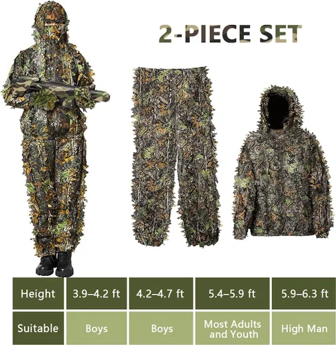 Vista 6 de Traje Ghillie, traje de camuflaje frondoso 3D, ropa de camuflaje de caza, ropa de bosque para caza, Airsoft, fotografía de vida silvestre
