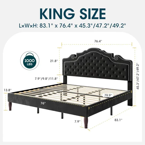 Vista 2 de WEEWAY Base de cama de plataforma tamaño King con tiara ajustable de terciopelo, cabecero curvado y alta resistencia, botón tapizado de diamante