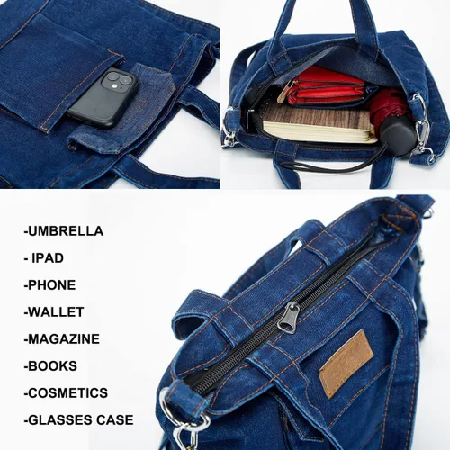 Vista 7 de Bolso de mano pequeño de mezclilla para mujer, bolso de hombro Hobo, bolso de lona casual, bolso cruzado, bolso de gran capacidad