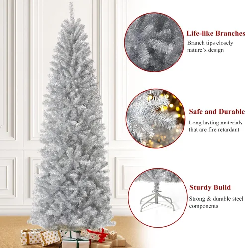 Vista 3 de Glitzhome Árbol de Navidad artificial de oropel plateado de 7.5 pies, 7.5 pies, plateado