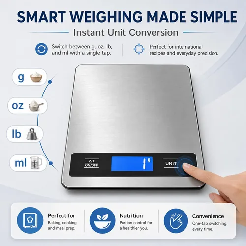 Vista 5 de Báscula de alimentos de cocina de 33 libras/33.1 lbs, báscula digital de alta precisión de 0.04 oz con temporizador y pantalla LCD retroiluminada
