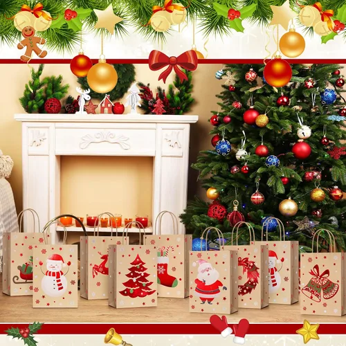 Vista 7 de Yeaqee 80 piezas - bolsas de regalo de Navidad - tamaño pequeño - Merry Christmas Xmas - bolsas de regalo de Navidad con asas - bolsas de papel