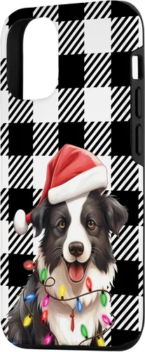 Vista 2 de Funda para iPhone 15 Border Collie Navidad a cuadros