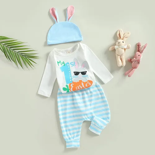 Vista 2 de My First Easter Outfits - Conjunto de 3 piezas para bebés y niñas de manga largacorta con estampado de conejo, conjunto de tops y pantalones
