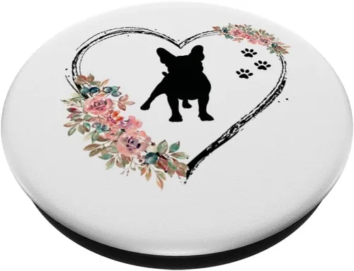 Vista 2 de Bulldog francés con huellas y flores en popSockets blancos intercambiables PopGrip