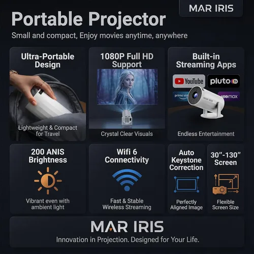 Vista 10 de Mini proyector con WiFi y Bluetooth, proyector portátil 1080P, Keystone automático, rotación de 210°, proyector inteligente con aplicación integrada