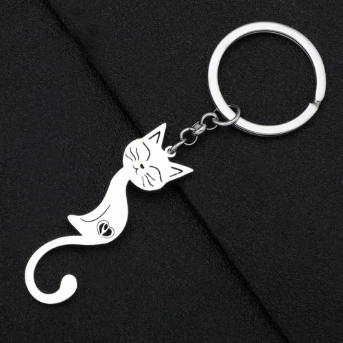 Vista 4 de RAIDIN Llavero de acero inoxidable chapado en oro con bonito diseño de gato, regalo para mujeres y niñas, llavero para coche, monedero, llaves