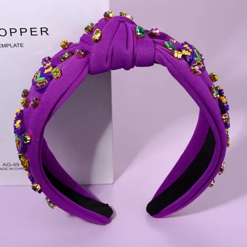 Vista 5 de Diadema de Mardi Gras para mujer, diadema de corona de flor de lis, diadema morada con diamantes de imitación y nudo superior, accesorios