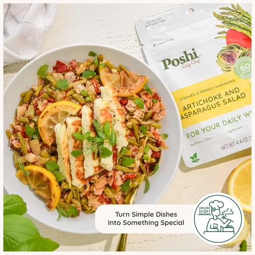 Vista 7 de POSHI Ensalada natural de alcachofas y espárragos, ceto, vegana, sin OMG, baja en carbohidratos + calorías, sin gluten, lista para comer, verduras