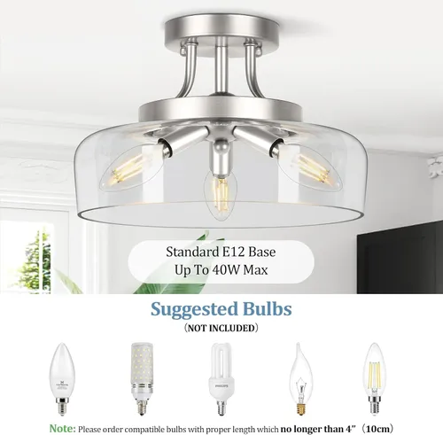 Vista 2 de TOBUSA Lámpara de techo semiempotrada de 3 luces, moderna lámpara de techo industrial de vidrio con base E12, lámpara de techo semiempotrada