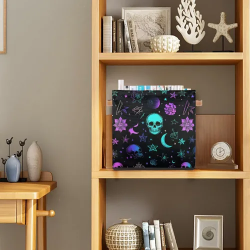 Vista 6 de Cube Storage Bins for Shelves, Neon Blue And Purple Skull Flower Decorative Fabric Organizer Box with Handles for Living Room, Dorm Room, Classroom