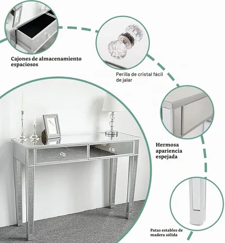 Vista 5 de Henf Mesa de maquillaje con espejo, mesa de tocador con acabado plateado, mesa de consola de 2 cajones para entrada, dormitorio, sala de estar
