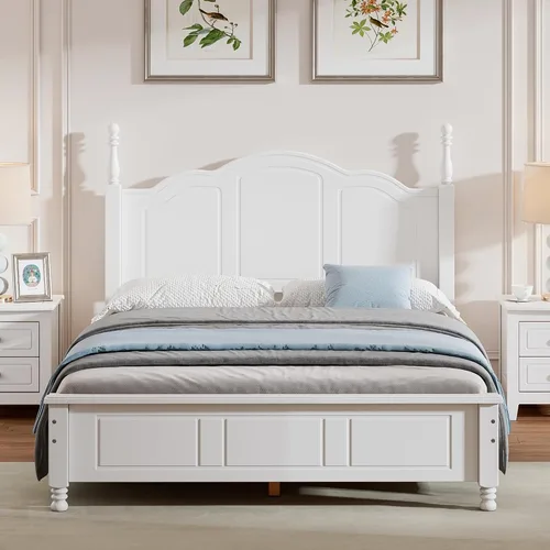 Vista 3 de SOFTSEA Marco de cama de tamaño matrimonial con cabecero alto y estribo, plataforma de madera