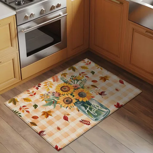 Vista 2 de Small Area Rugs 2x3 Ft, Sunflower Non-Slip Area Rugs for Living Room Bedroom Entryway, Orange Plaid Farmhouse Leaves Watercolor Retro Washable