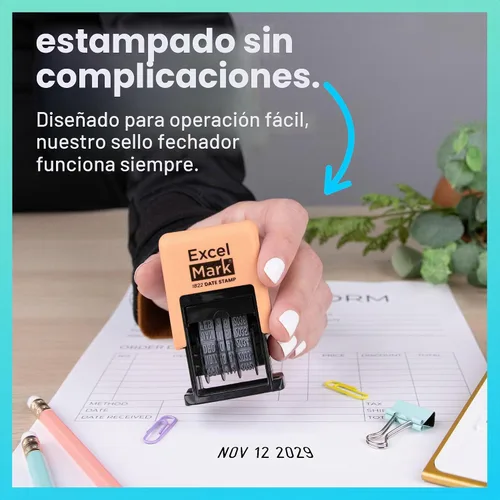 Vista 6 de ExcelMark Sello de fecha 1822 – Perfecto para envío, recepción, vencimiento y fechas de vencimiento (tinta negra, montaje de melocotón)