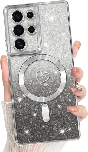 Vista 673 de Bonoma - Funda compatible con Samsung Galaxy S21 Plus, diseño de corazón con purpurina, color rosa Support for MagSafe, Plating Magnetic Case TPU