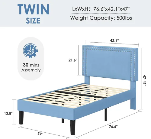 Vista 146 de VECELO Base de cama de plataforma de tamaño individual con cabecera tapizada de altura ajustable, base de colchón moderna, soporte de listones