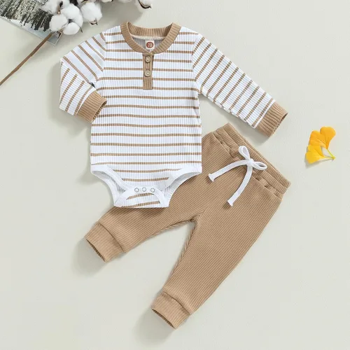 Vista 2 de Ropa de bebé recién nacido, ropa de punto acanalado, manga larga, pantalones de algodón sólido, trajes de otoño e invierno, 2 piezas