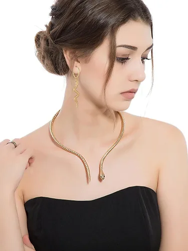 Vista 2 de Long tiantian Juego de joyas de serpiente para mujer, aretes colgantes de serpiente, pulsera de serpiente brillante, ajustable, collar de serpiente
