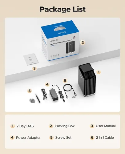 Vista 7 de ORICO Caja de disco duro de 2 bahías USB C Plug and Play DAS Backup con adaptador de corriente de 12V/4A Máximo 2* 22TB de almacenamiento para base