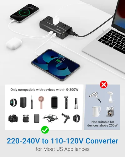 Vista 3 de BESTEK Convertidor de corriente de 250 W de 3 salidas y 4 puertos USB Transformador de voltaje de viaje 220V a 110V con adaptadores de enchufe