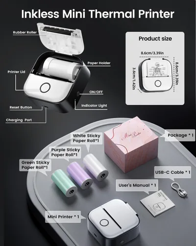 Vista 8 de Memoking Mini impresora - impresora adhesiva T02 máquina sin tinta del Negro