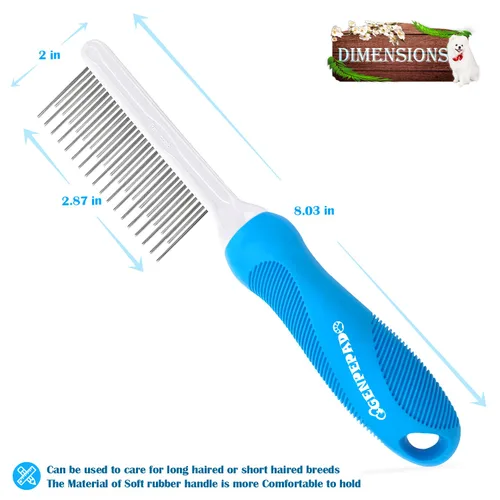 Vista 3 de GENPEPADO Peine de aseo para perros y gatos con dientes finos de metal de acero inoxidable largos y cortos para desenredar el cabello enmarañado
