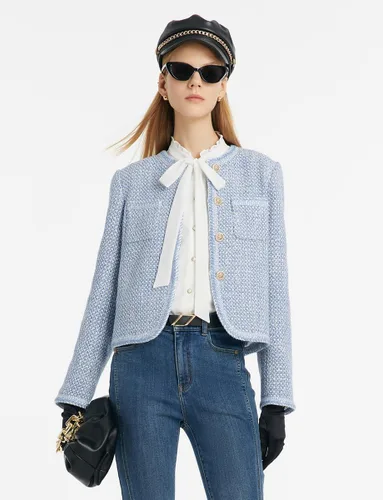 Vista 2 de GOELIA Blazer de tweed para mujer, cuello redondo, manga larga, color azul, con dos bolsillos
